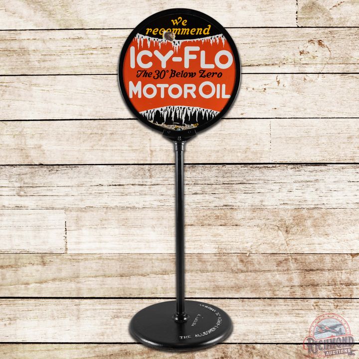 We Recommend Icy Flo Motor Oil DS Porcelain Curb Sign w/ Base