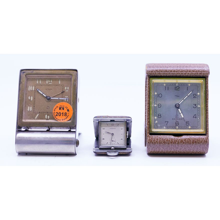3pc Deco Folding Travel Clocks - LeCoultre, Juvenia & Imhof
