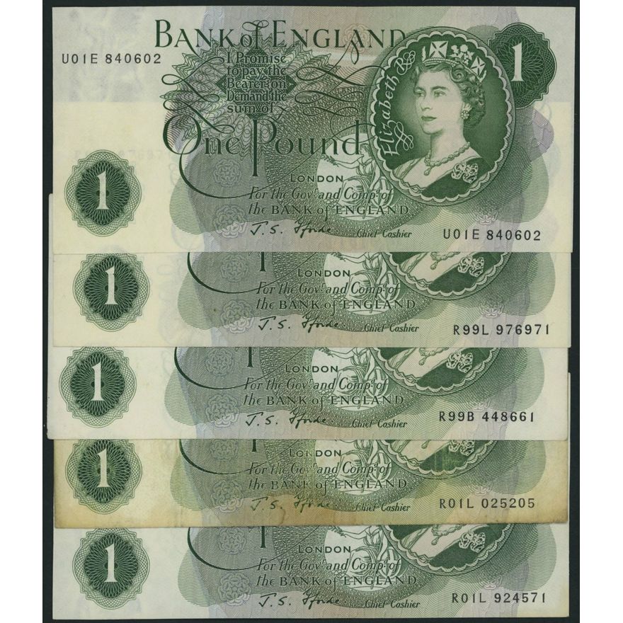 Bank of England, J. S. Fforde, [5 notes], £1, ND (1967), prefixes R99B ...