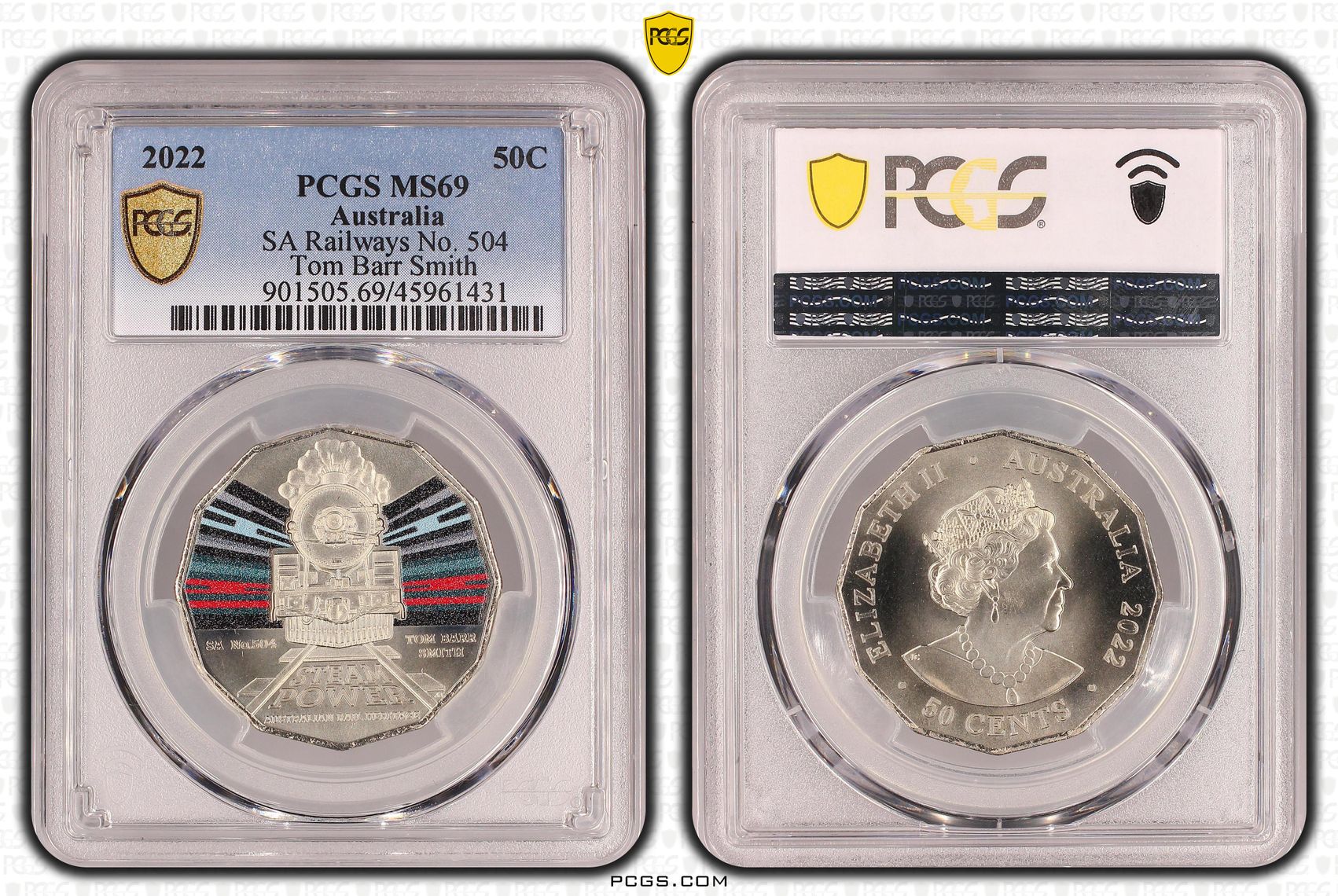 SA Railways No. 504 Tom Barr Smith Colorized, Fifty Cent, 2022, PCGS MS69