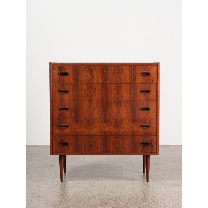 A 1960s heavily-figured rosewood veneered five drawer tallboy or chest