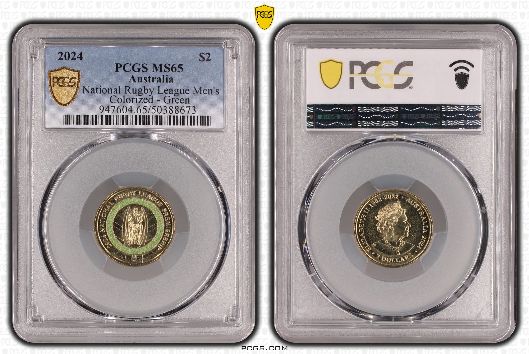 National Rugby League Men's Colorized - Green , Two Dollar, 2024, PCGS MS65