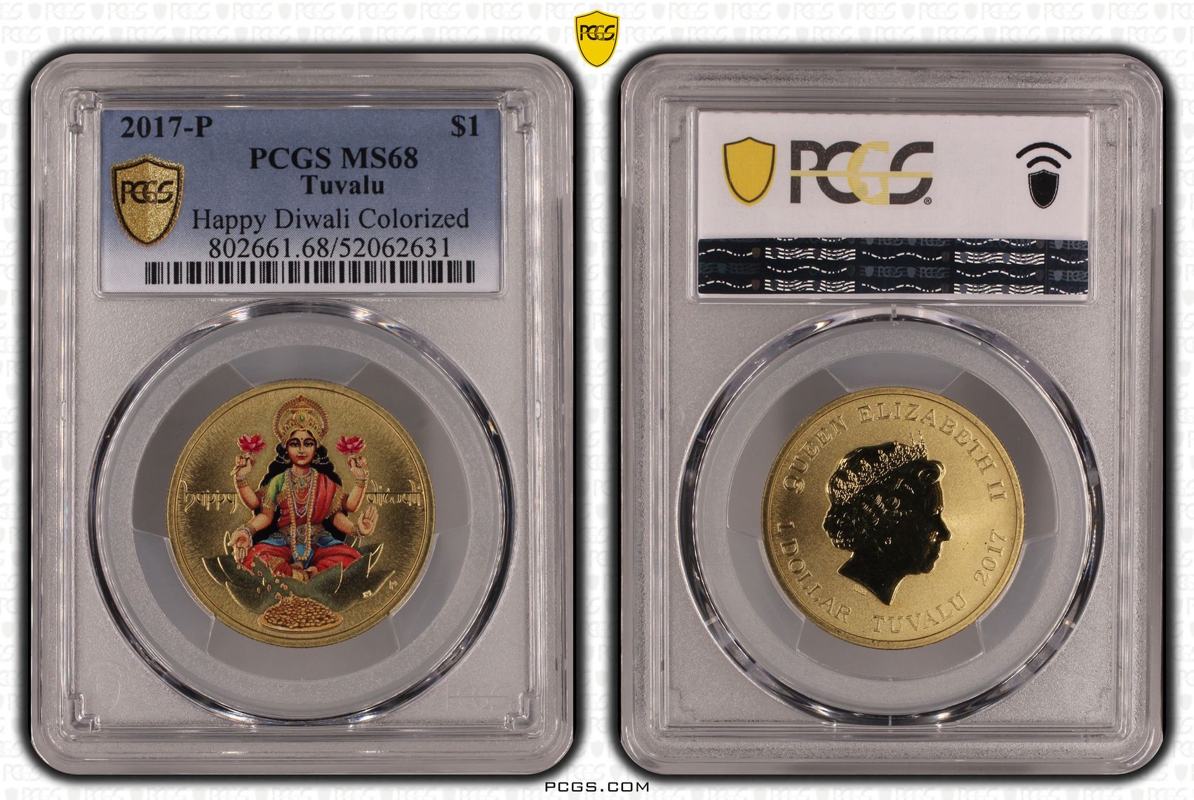 Tuvalu, Elizabeth II, Happy Diwali Colourised, One Dollar, 2017-P, PCGS MS68