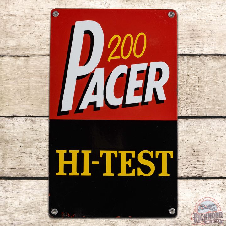 Amazing Pacer 200 Hi-Test Gasoline Single Sided Porcelain Pump Plate Sign