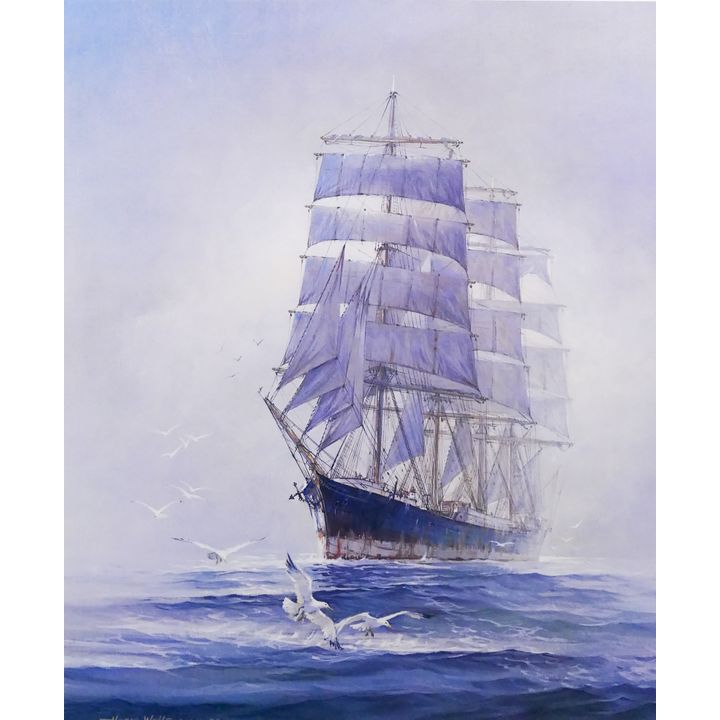 Thomas Wells 'S.V. Passat in Channel Fog' S/N Lithograph. Edition 420/550. Framed. Images measures 20x16''