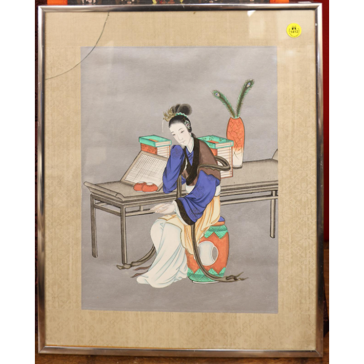Old Chinese Seated Courtesan Painting Framed 18.5''x14.5''