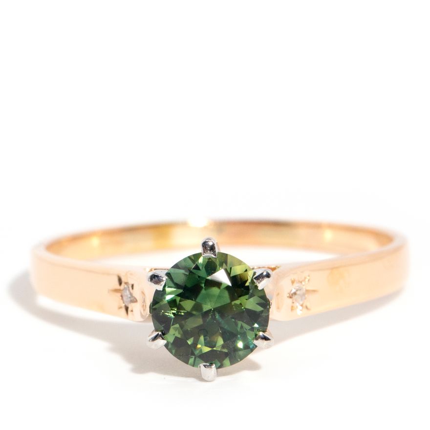 1.10 carat Greenish Teal Sapphire & Diamond Vintage Ring,