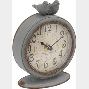 CREATIVE CO-OP GREY PEWTER TABLE CLOCK WITH BIRD