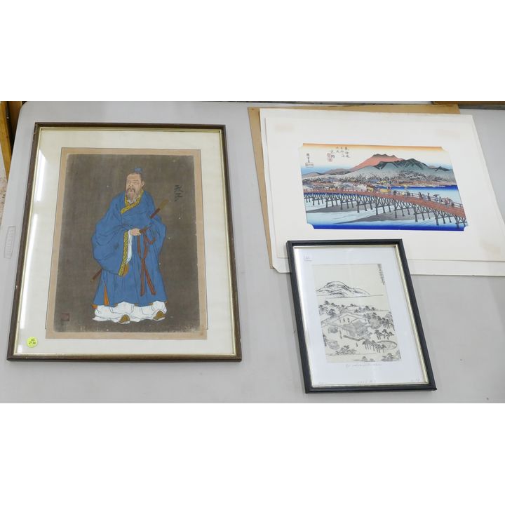 3pc Old Japanese Woodblock Prints Etc- largest 21x17''