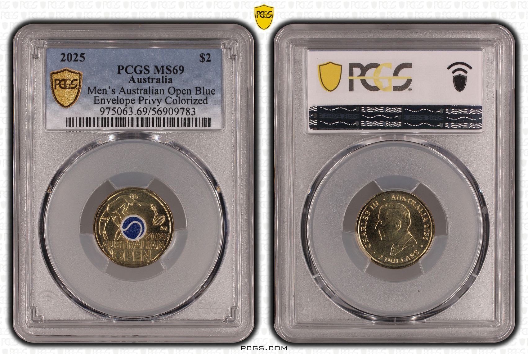 Men's Australian Open Blue Envelope Privy Colourised, Two Dollar, 2025, PCGS MS69
