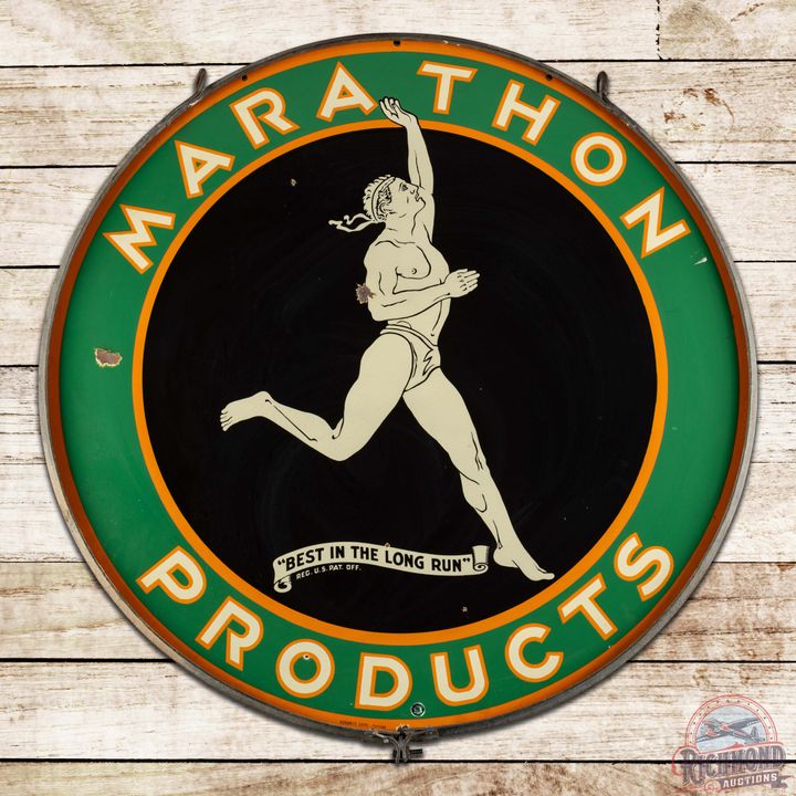 Marathon Products "Best in the Long Run" 48" Double Sided Porcelain Running Man Sign w/ Factory Ring