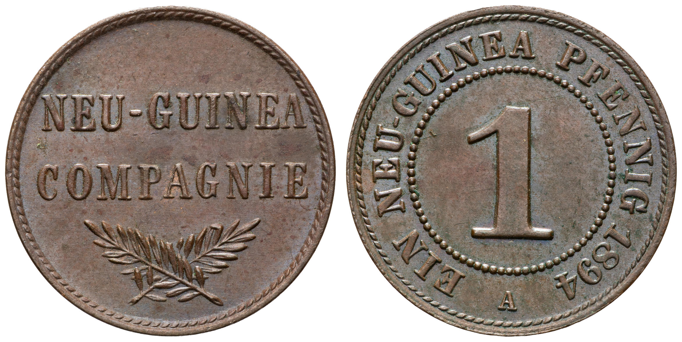 German New Guinea, Friedrich Wilhelm II, One Pfennig, 1894-A, aUNC