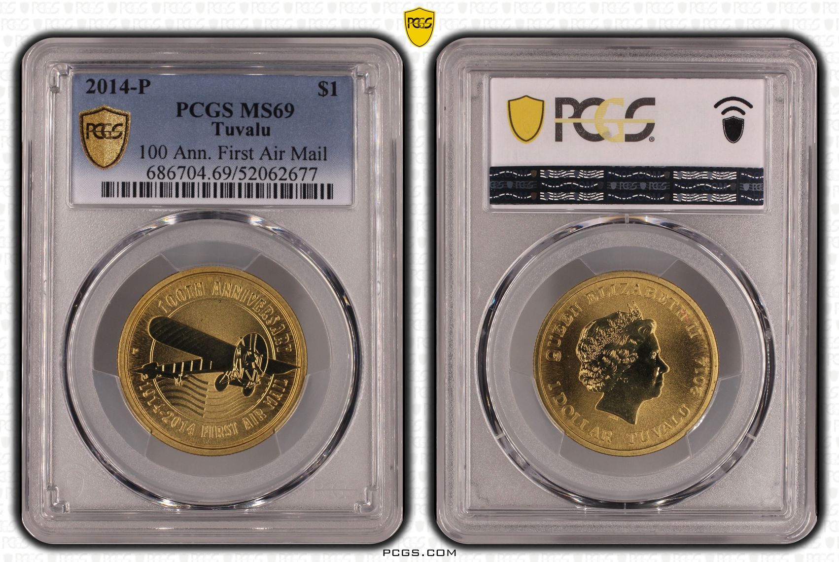 Tuvalu, Elizabeth II, 100 Ann. First Air Mail, One Dollar, 2014-P, PCGS MS69