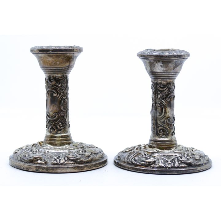 Pair Antique English Filled Sterling Candlesticks 4'' - 369 Grams TW