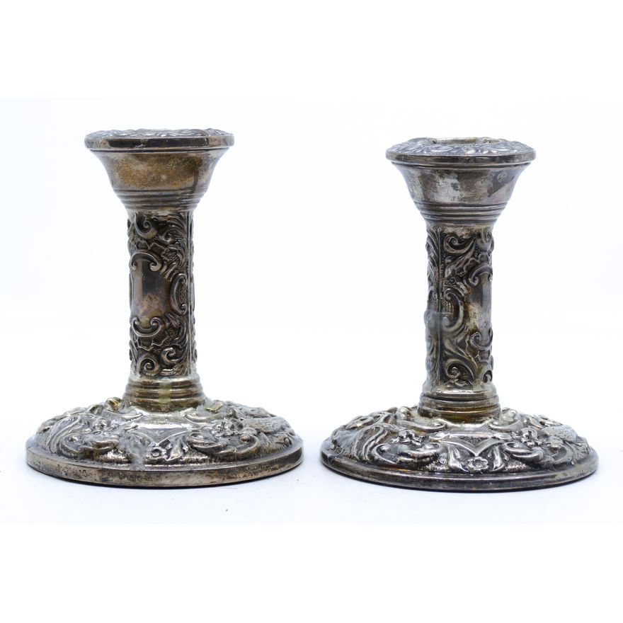 Pair Antique English Filled Sterling Candlesticks 4'' - 369 Grams TW