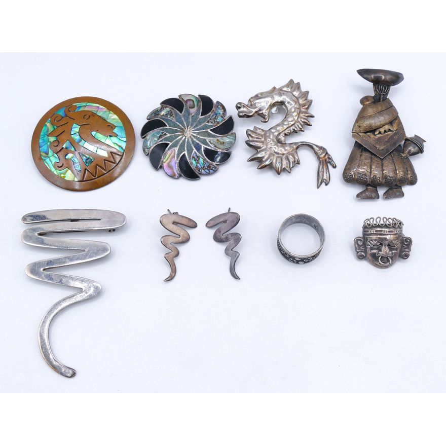 Box Old Mexican Sterling Brooches etc. - 66 Grams TW