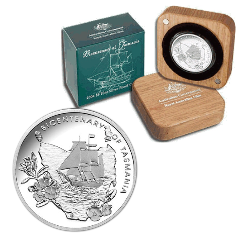 2004 RAM $5 36.31g Silver Proof Coin Bicentenary of Tasmania - Box & COA