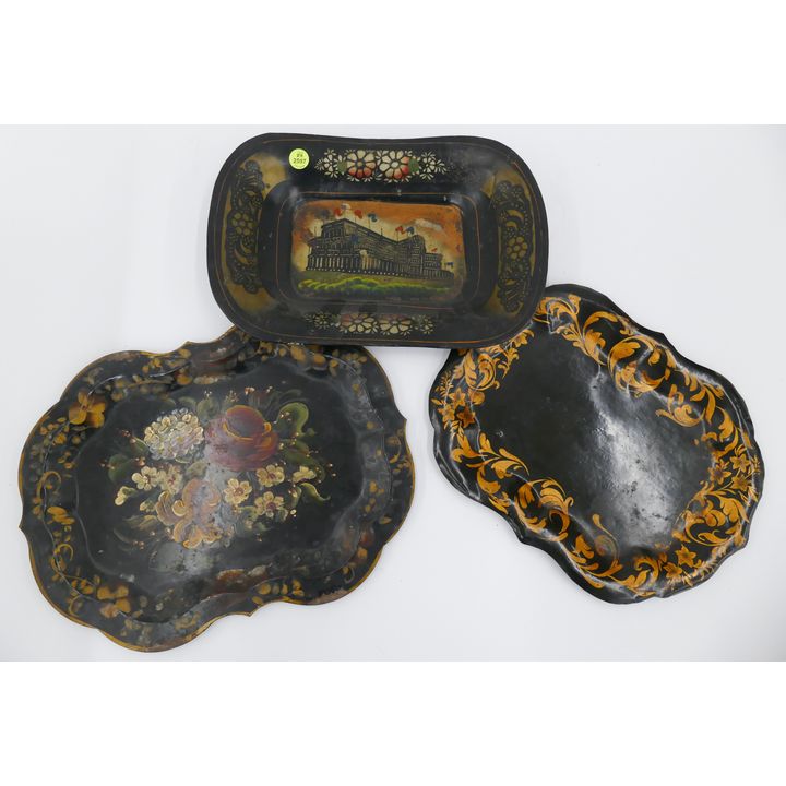 3pc Antique Toleware Trays- 12'' to 14''