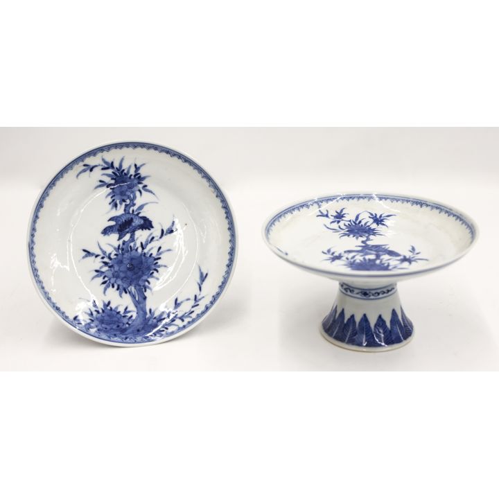 Pair Chinese Blue & White Small Stem Dishes