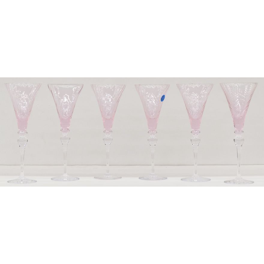 6pc Portieux Pink Stemware 10'' - One Has Chip To Rim