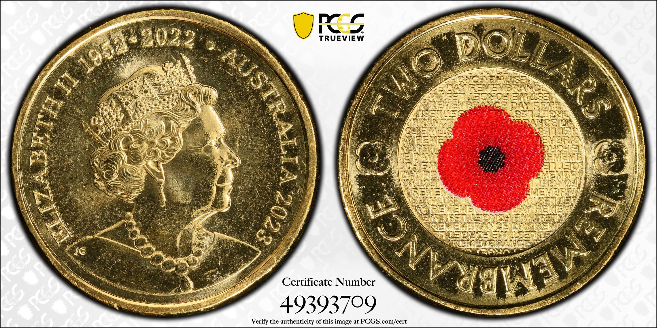Elizabeth II, 35th Ann $2 Coin Set Colorized Remembrance Red Poppy , Two Dollar, 2023, PCGS MS68