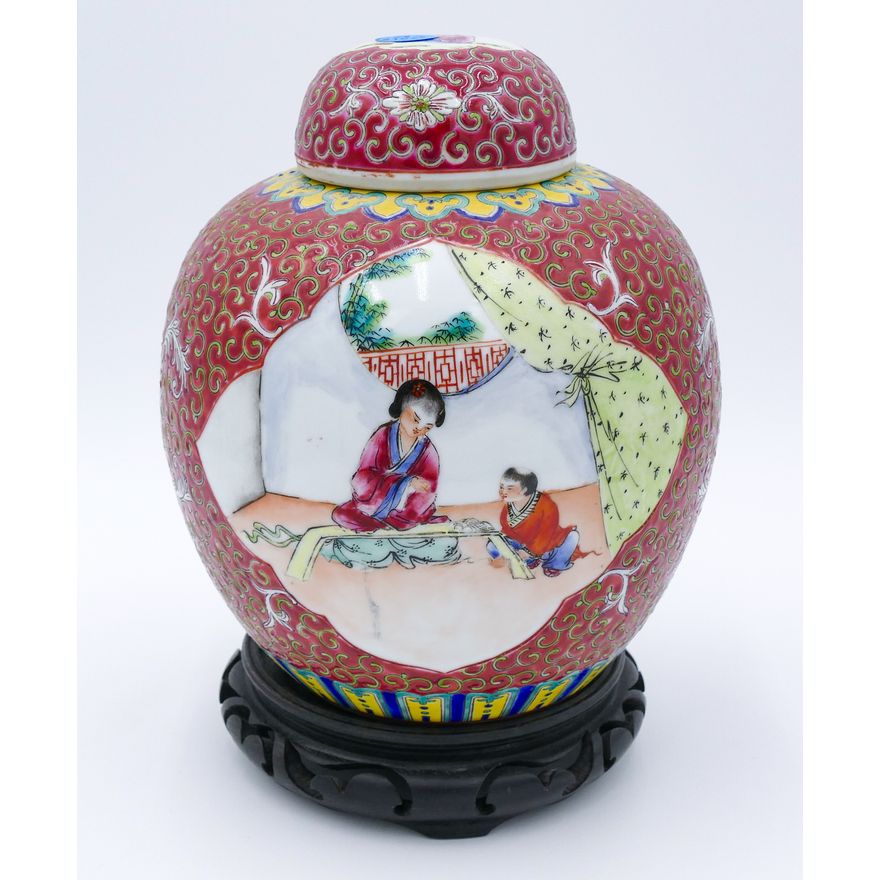 Chinese Republic Porcelain Lotus Ginger Jar on Stand 9''