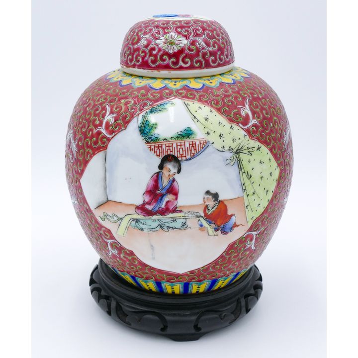 Chinese Republic Porcelain Lotus Ginger Jar on Stand 9''