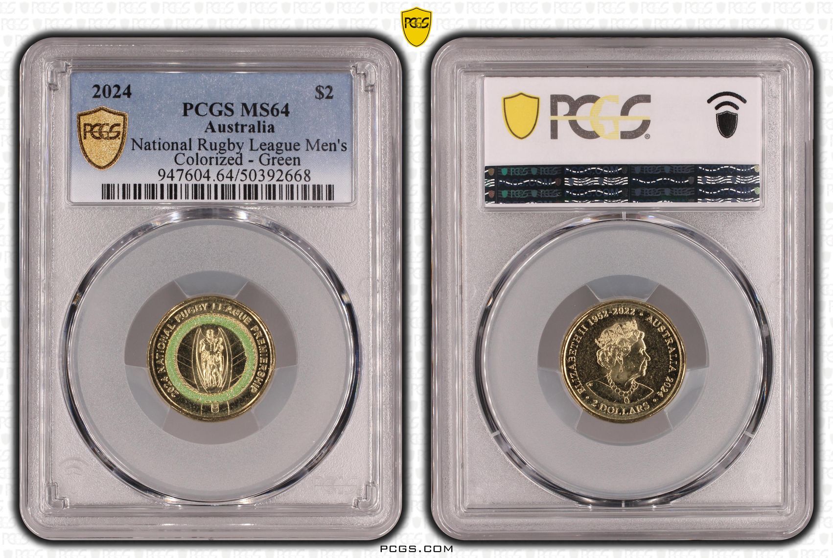 Elizabeth II, National Rugby League Men's Colorized - Green , Two Dollar, 2024, PCGS MS64