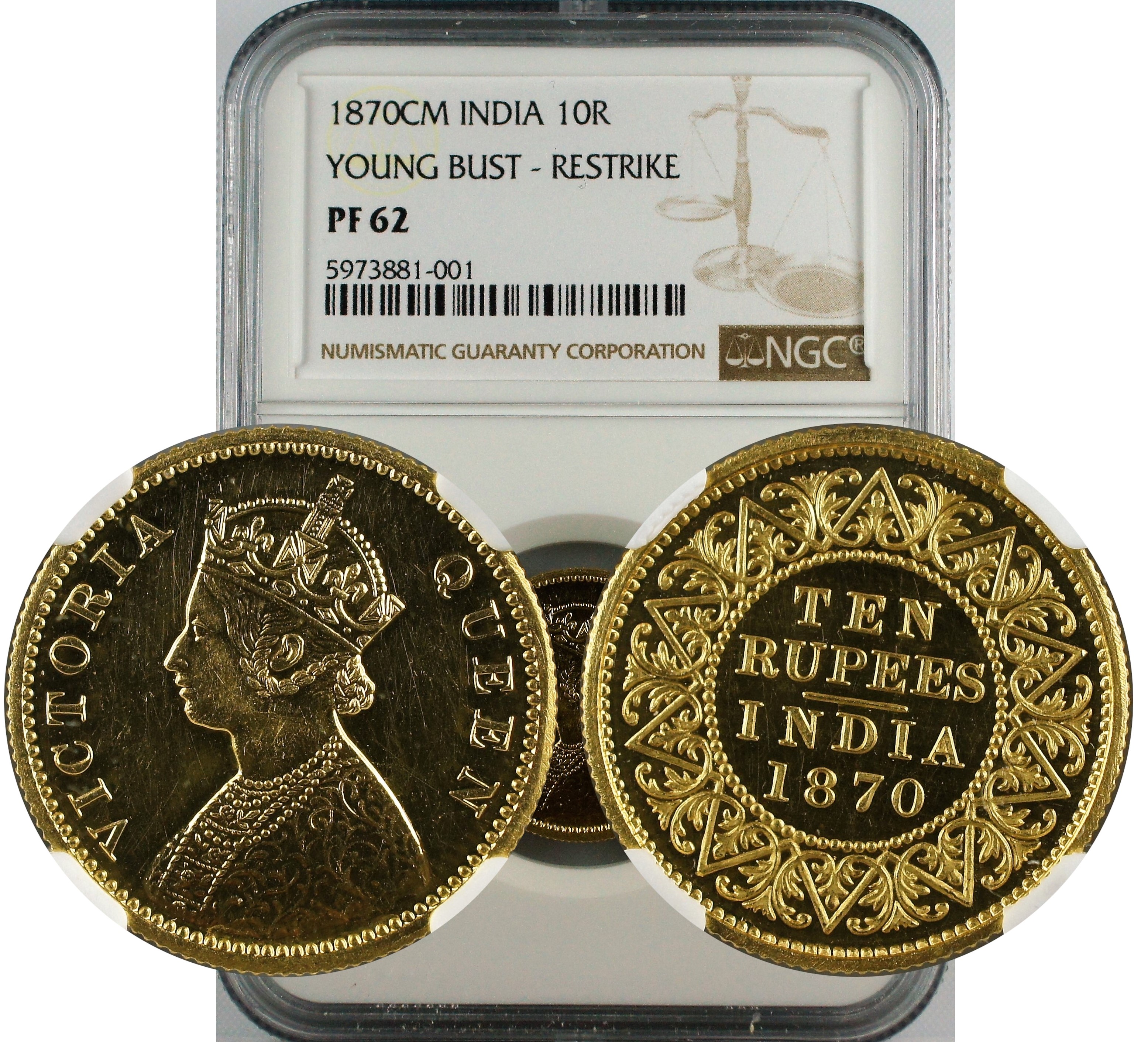 India British 1870 CM Gold 10 Rupees Young Bust Restrike NGC PF62