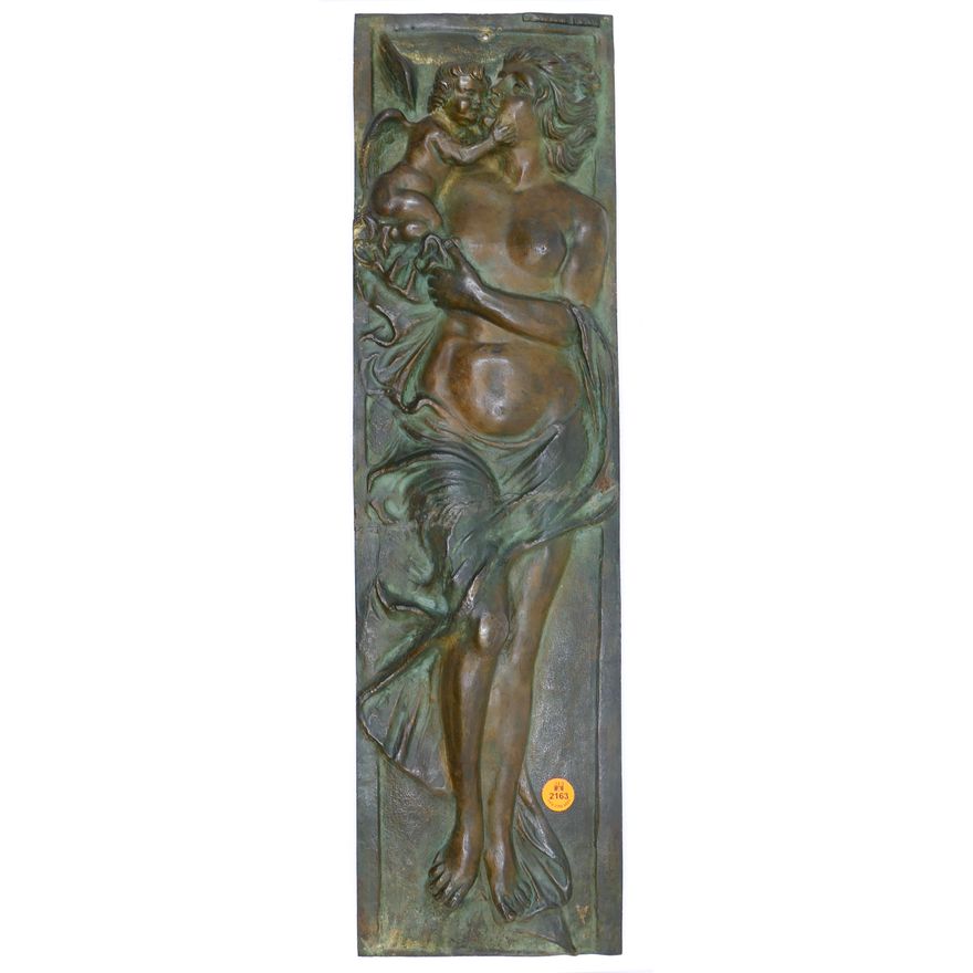 Antique Nude with Putto Bronze Bas Relief Plaque 22''x6''