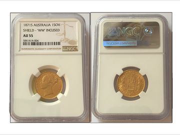 1871 Queen Victoria Young Head 'W.W. Incused' Sydney Mint Shield Gold Sovereign. Graded by NGC AU55