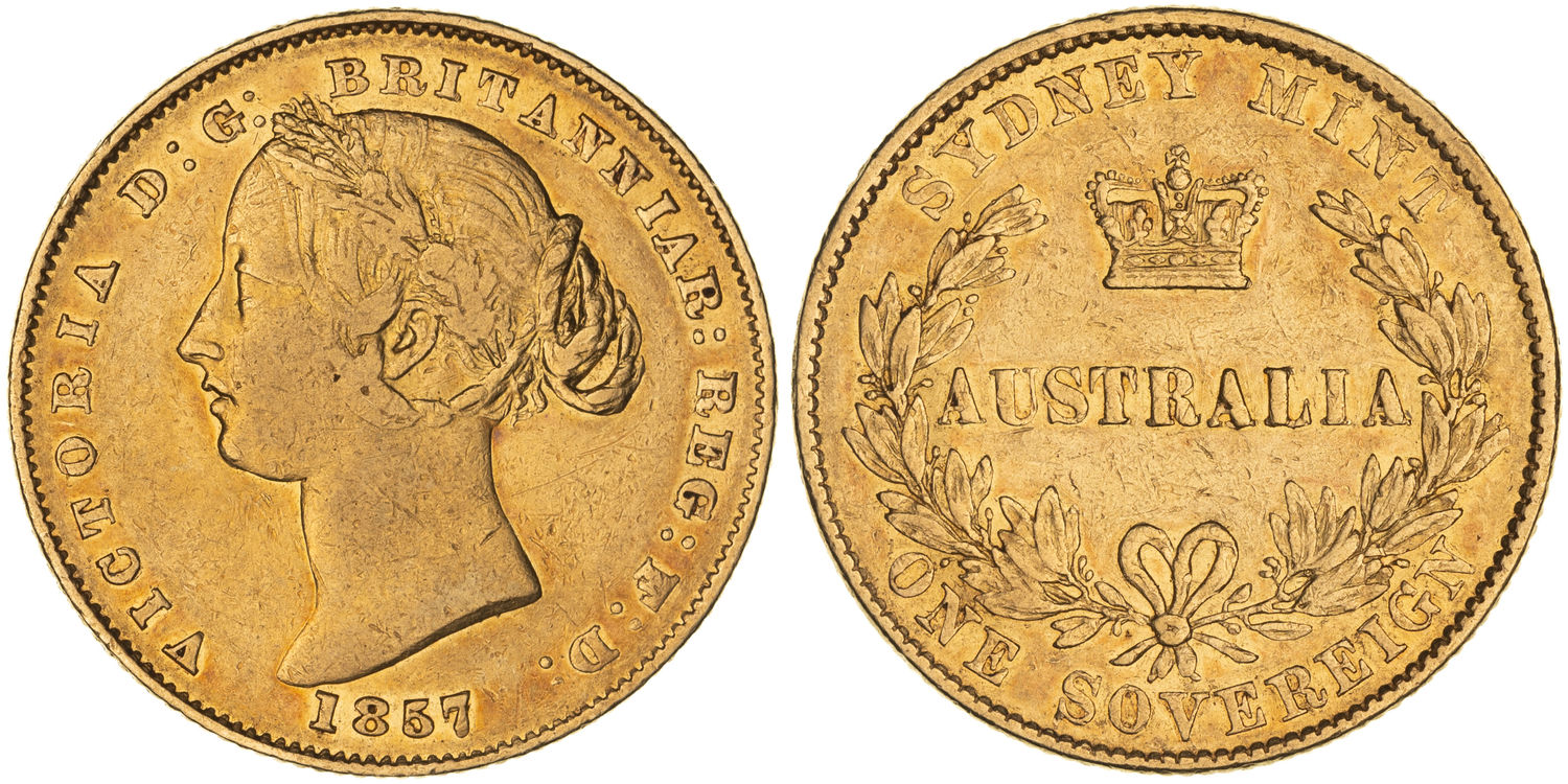 Victoria, Sydney Mint Reverse - Type II, Sovereign, 1857, gF