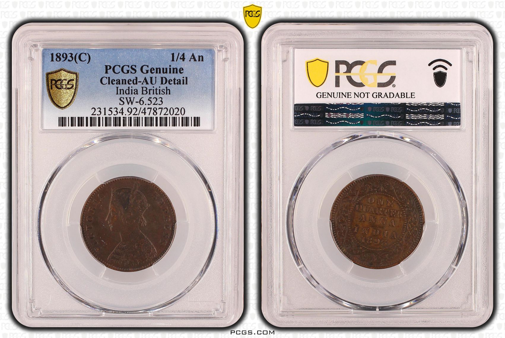 India British, SW-6.523, Quarter Anna, 1893(C), PCGS Genuine - AU Details (92 - Cleaned)