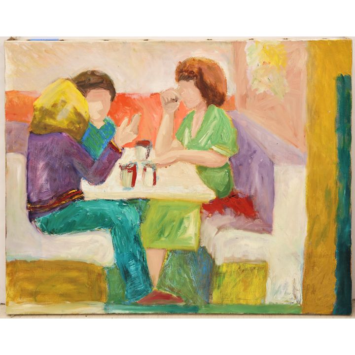 Judy Calcagno-Kirkendall ''Talking at the Cafe'' Oil on Canvas 32''x40''