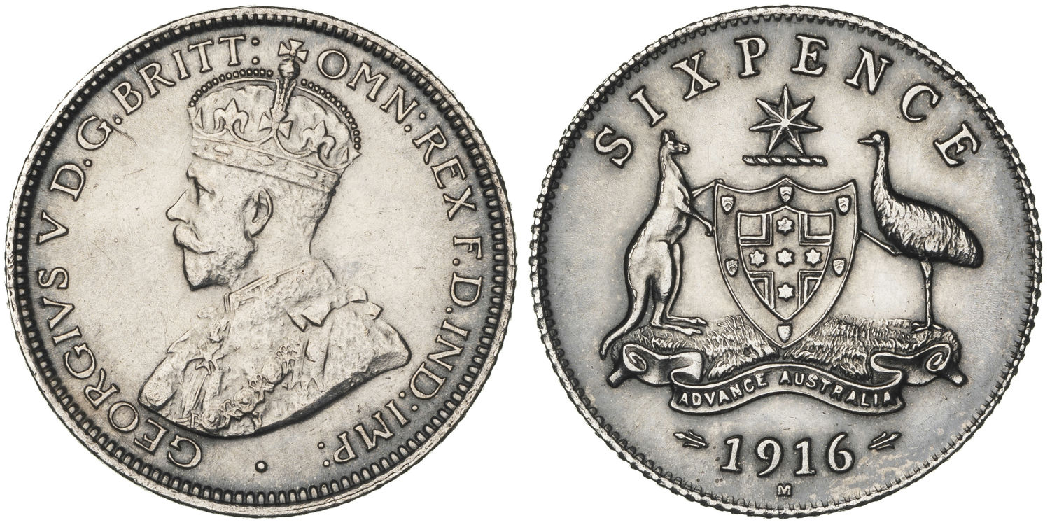 George V, Sixpence, 1916-M, UNC