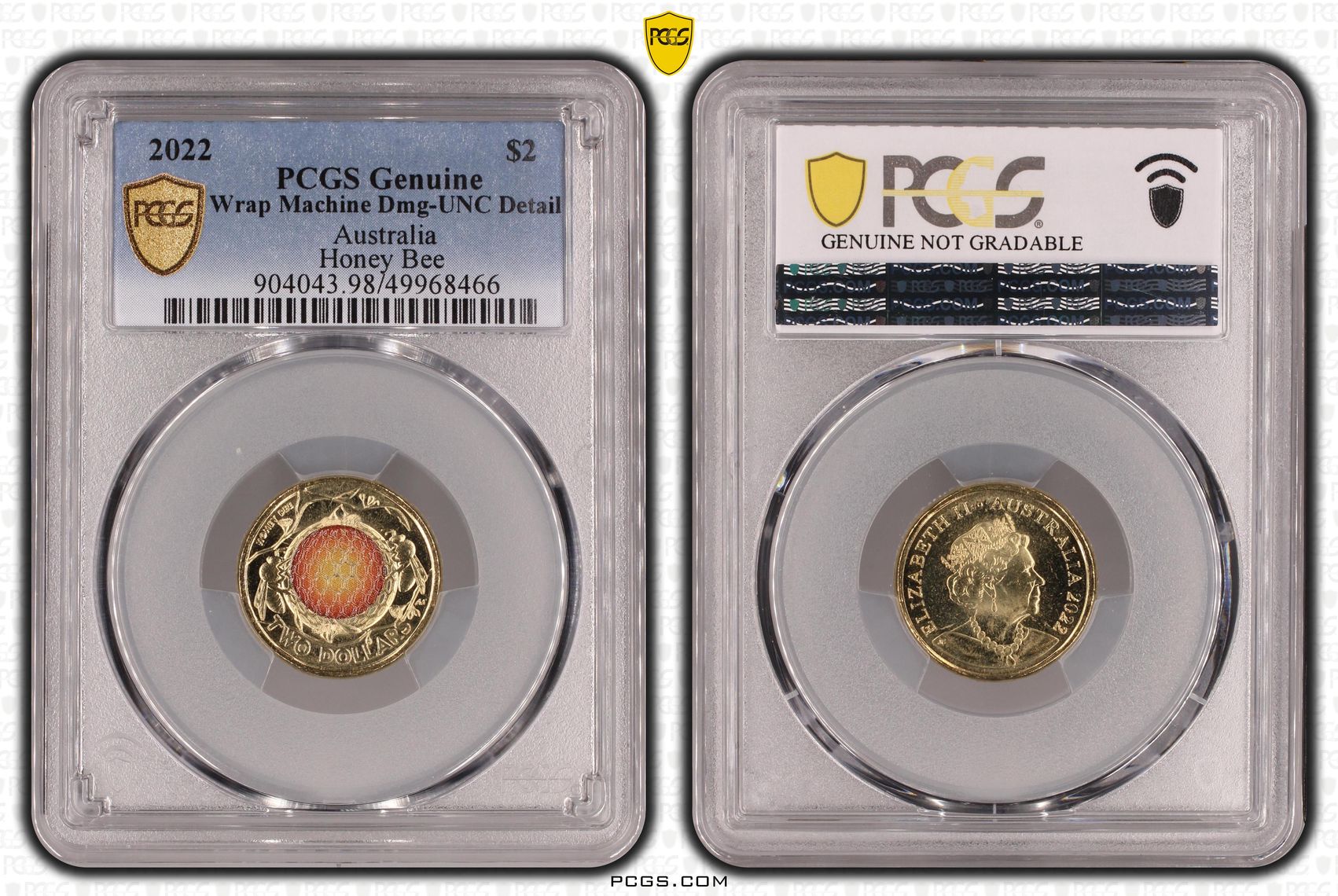 Honey Bee Colourised, Two Dollar, 2022, PCGS Genuine - UNC Details (98 - Damage)
