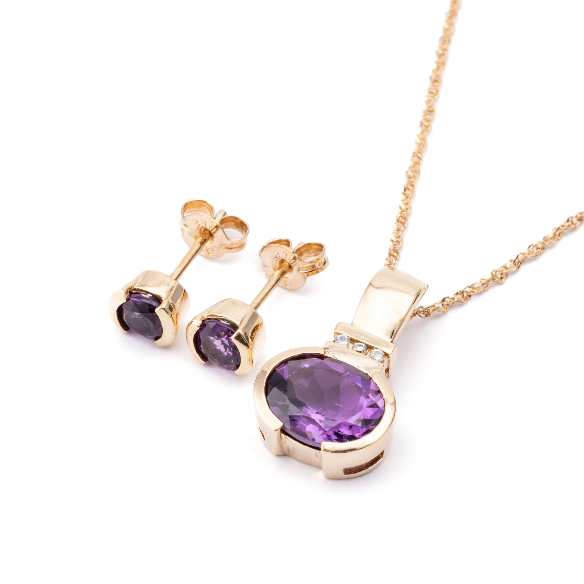 Amethyst & Diamond Necklace & Earrings 9ct Gold,