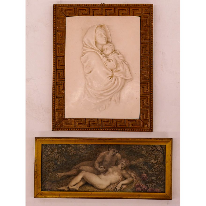 2pc Old Framed Small  Items- Mother and Child Resin Plaque (10x8") and Adam & Eve Lithograph (10.75x4.75")