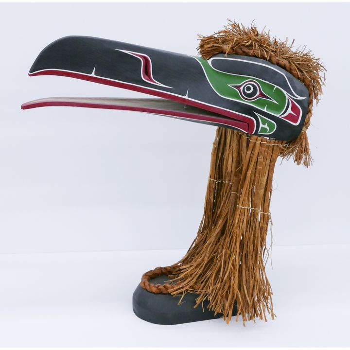 Stan Hunt ''Kwakiutl Raven'' Cedar Mask on Stand