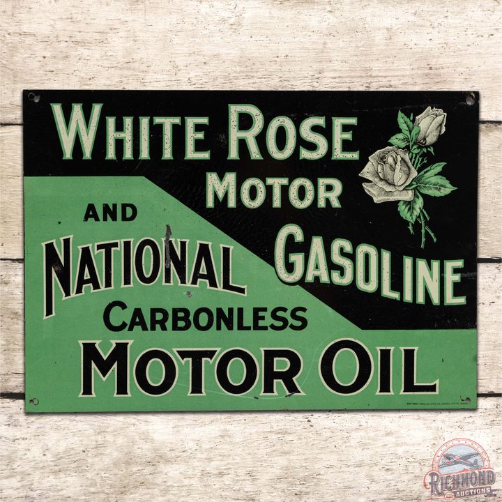 White Rose Motor Gasoline and National Motor Oil Single Sided Tin Sign