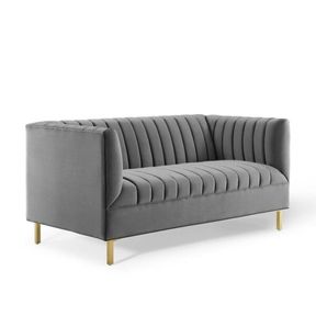 MaI Lifestyle Grey Ribbed Velvet Couch Silver Grey 2100 cm | LEFT SIDE WOOD BOTTOM DAMAGED