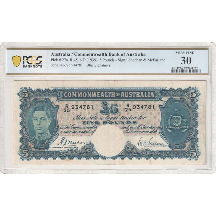 Sheehan/McFarlane, Blue Signatures, Five Pounds, ND (1939), PCGS Very Fine 30