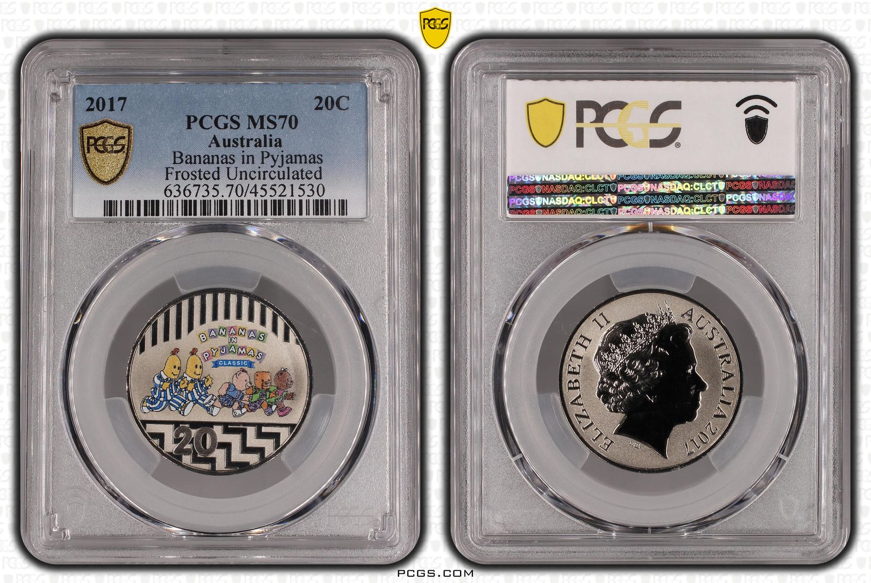 Bananas in Pyjamas Frosted Uncirculated, Twenty Cent, 2017, PCGS MS70