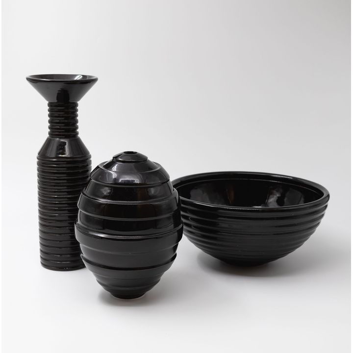 John Parker - Grooved ovoid vase, bottle and bowl