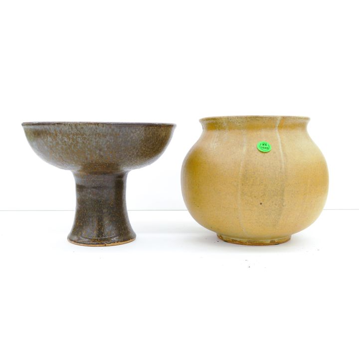 2pc Ken Shores Stoneware Ball Vase and Compote 7'' Approx.