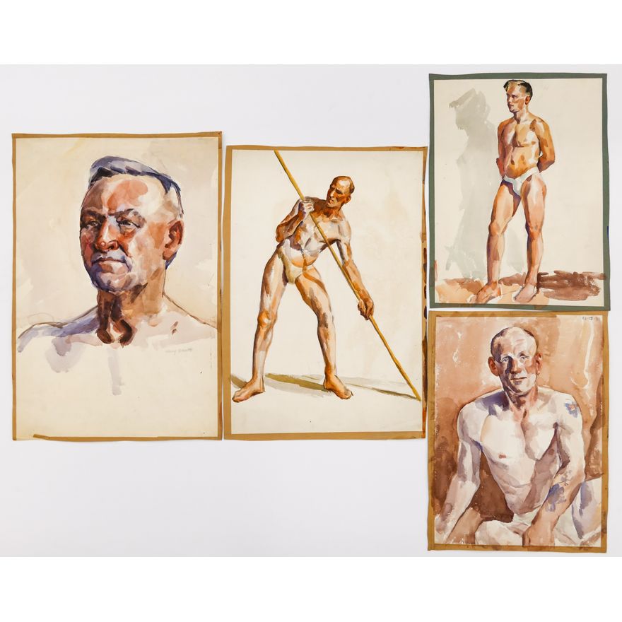 4pc Harry Bonath 1930's Male Nude Watercolors on Paper - Largest 19.5''x13.25''