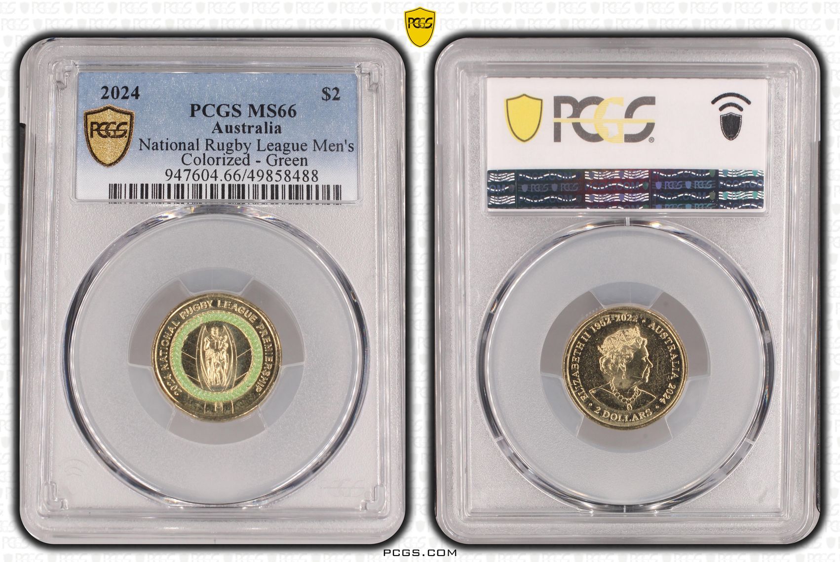 National Rugby League Men's Colorized - Green , Two Dollar, 2024, PCGS MS66