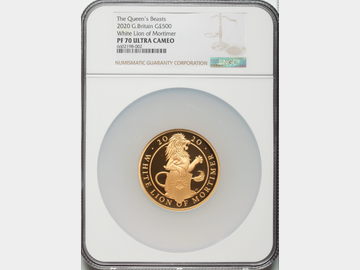 2020 ELIZABETH II QUEENS BEAST 'WHITE LION OF MORTIMER' GOLD 5oz PROOF 500 POUND COIN PF70 UCAM