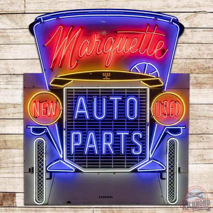 Amazing Marquette Auto Parts "New Used" Die Cut 8' Single Sided Porcelain Neon Sign w/ Automobile