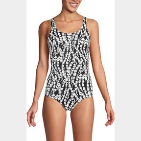 LANDS' END WOMEN'S CHLORINE RESISTANT SOFT CUP TUGLESS SPORTY ONE PIECE SWIMSUIT, BLACK/WHITE VINE FLORAL, 12